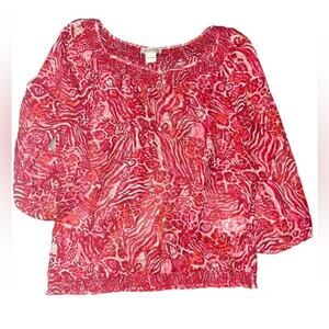 Lucky Brand Boho Chiffon Red Animal Print Blouson Womens Size S Elastic Waist